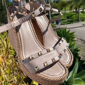 Valentino Rockstud Metallic Rope Wedges Rose Gold